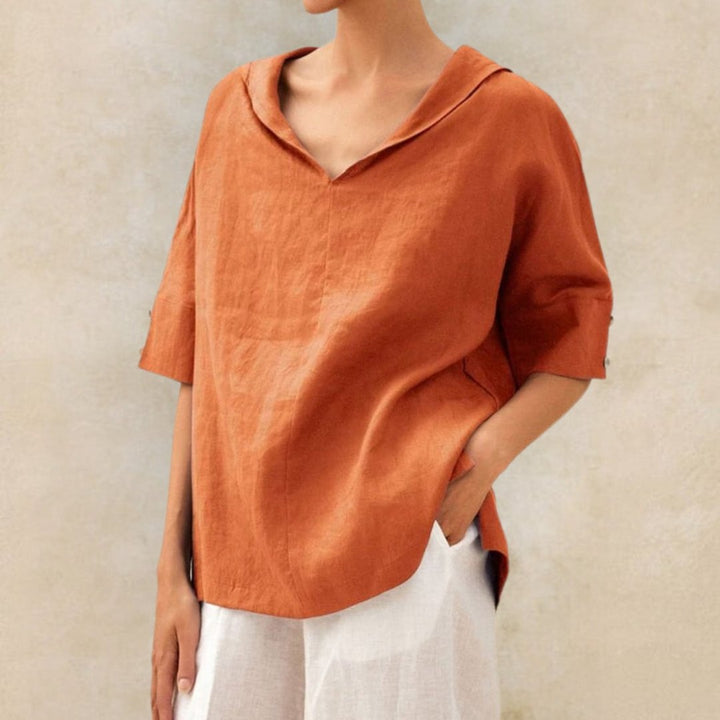 Blusa elegante de mujer con cuello V, estilo básico y moda casual para primavera/verano.