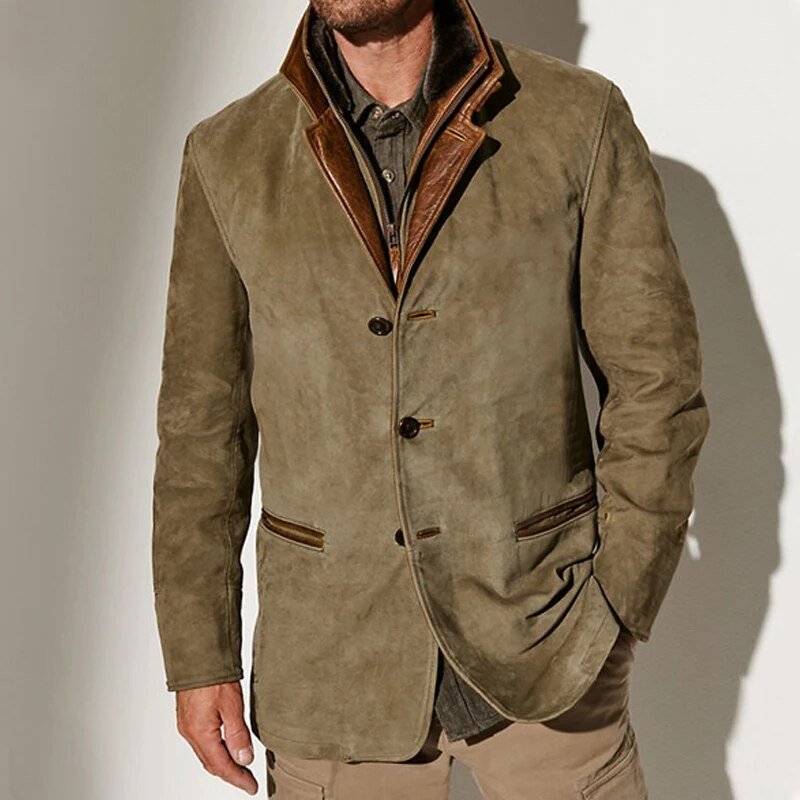 Chaqueta de cuero vintage para hombre, estilo clásico y elegante, ideal para moda masculina casual o formal.
