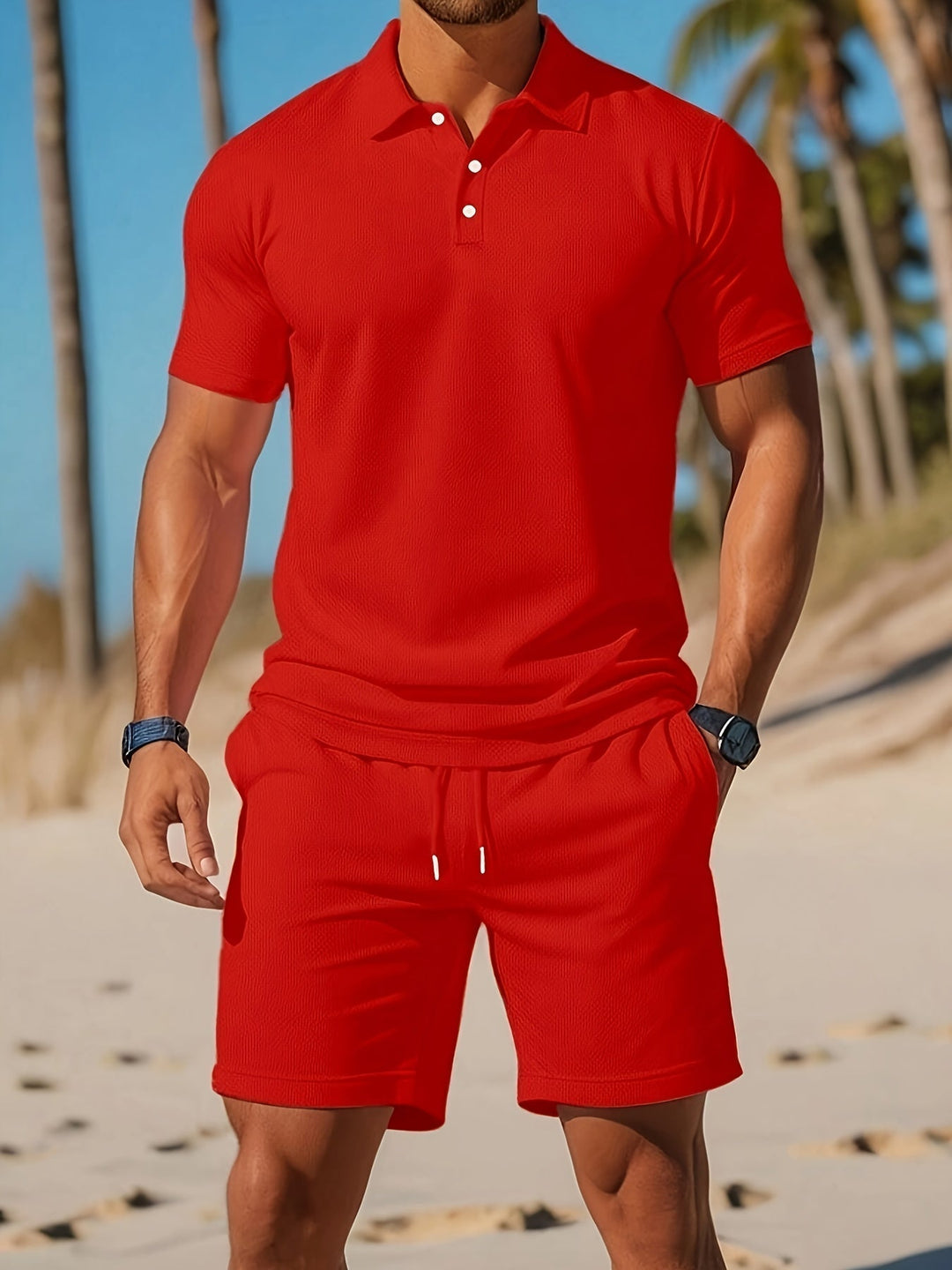 Conjunto casual de verano para hombre, polo y shorts en colores frescos, ideal para moda masculina.