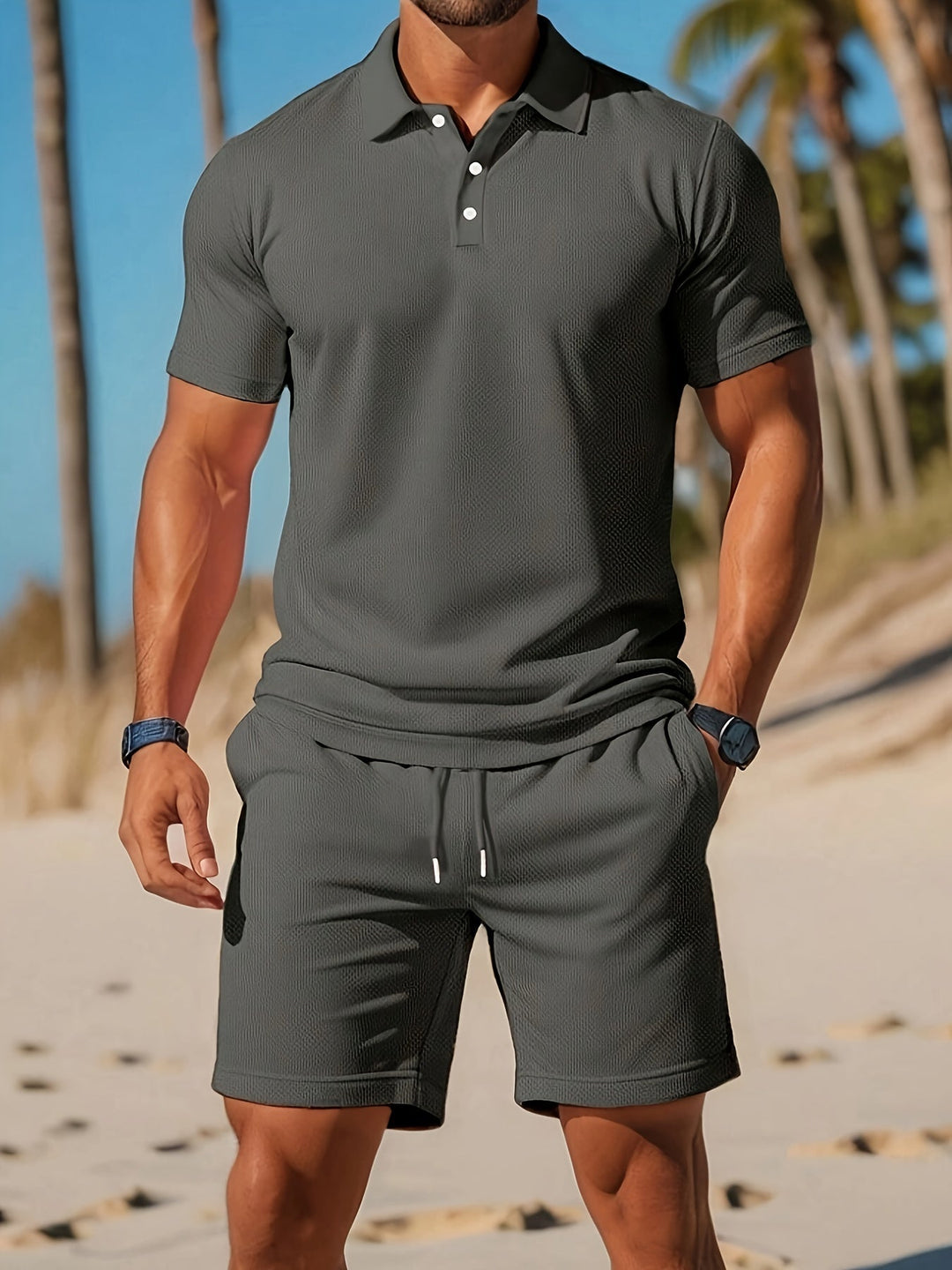 Hombre luciendo conjunto de verano, polo y shorts elegantes para un look casual de moda masculina.