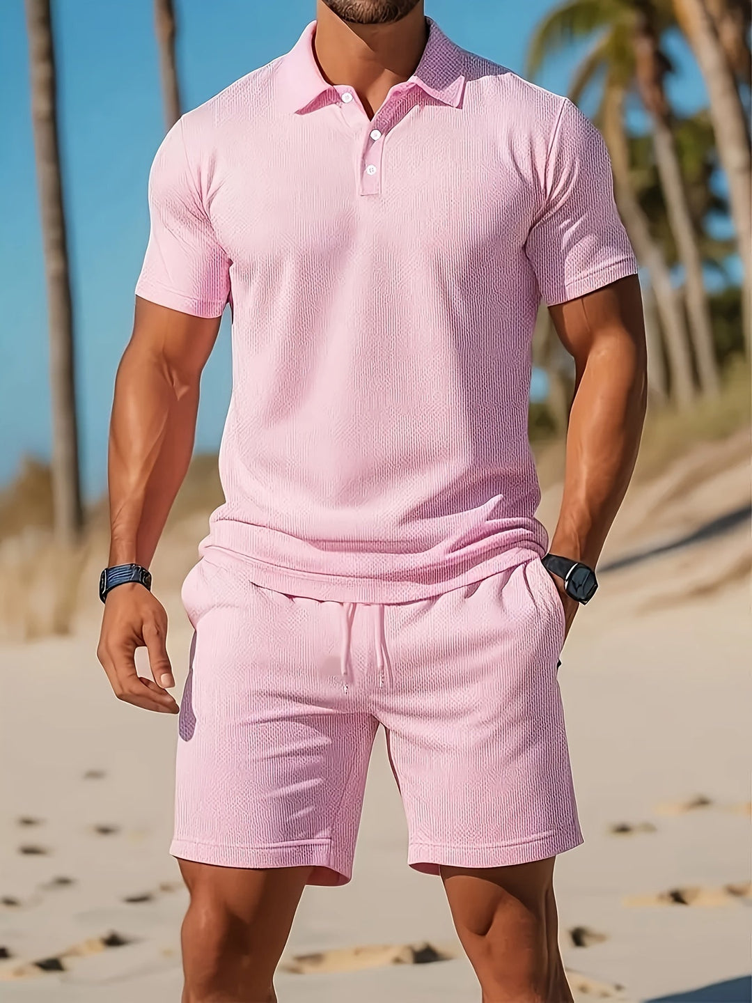 Conjunto de verano para hombre, polo y shorts cómodos, ideal para la playa y ropa casual.