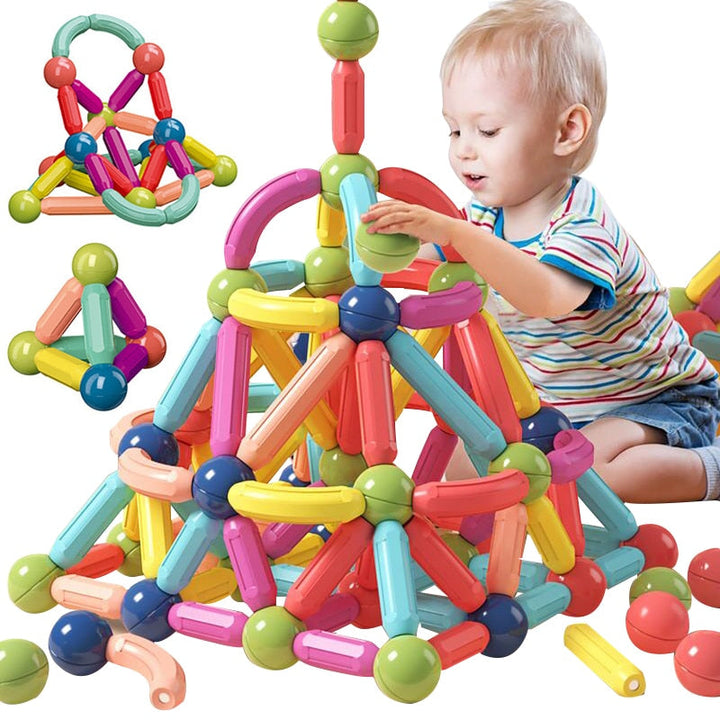 Primer plano de imanes en bloques magnéticos, juguete seguro para niños, ideal para juego de construcción.