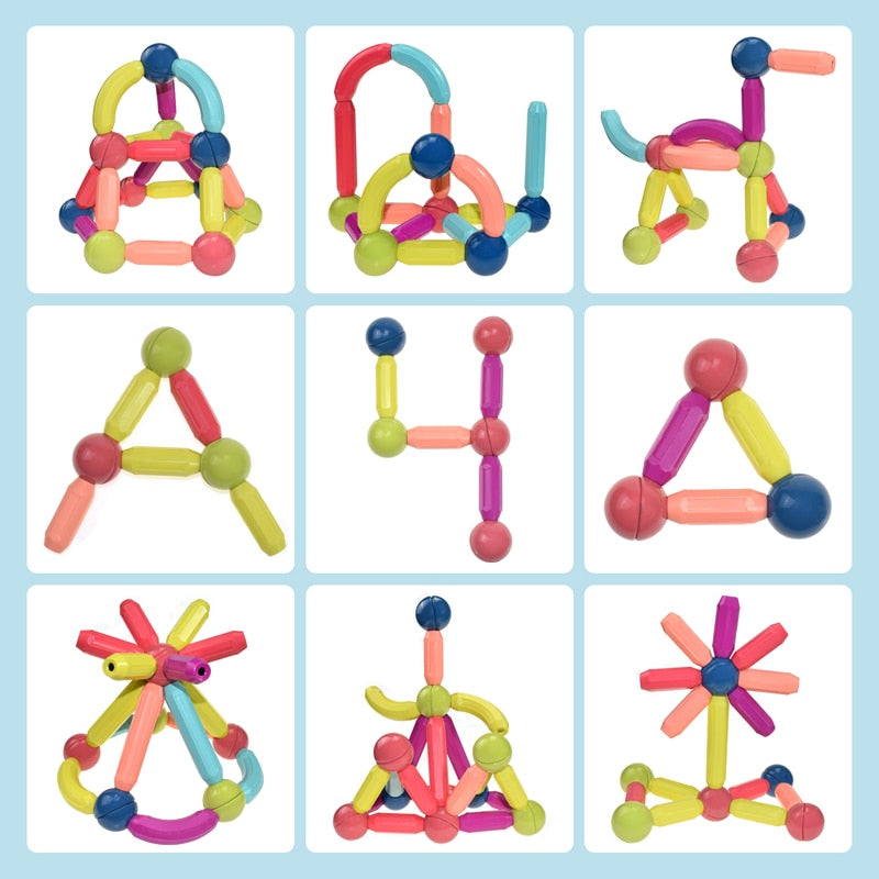 Estructura compleja construida con bloques magnéticos, potencial del juguete educativo y la creatividad infantil.