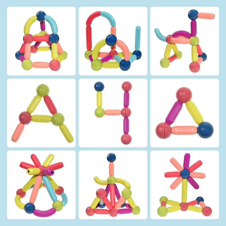 Estructura compleja construida con bloques magnéticos, potencial del juguete educativo y la creatividad infantil.