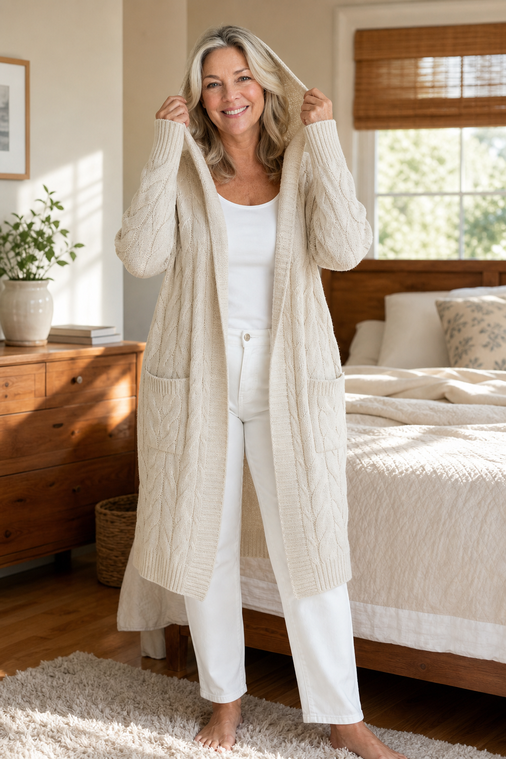 Vista frontal de cárdigan de punto con capucha, manga larga, estilo casual para mujer.