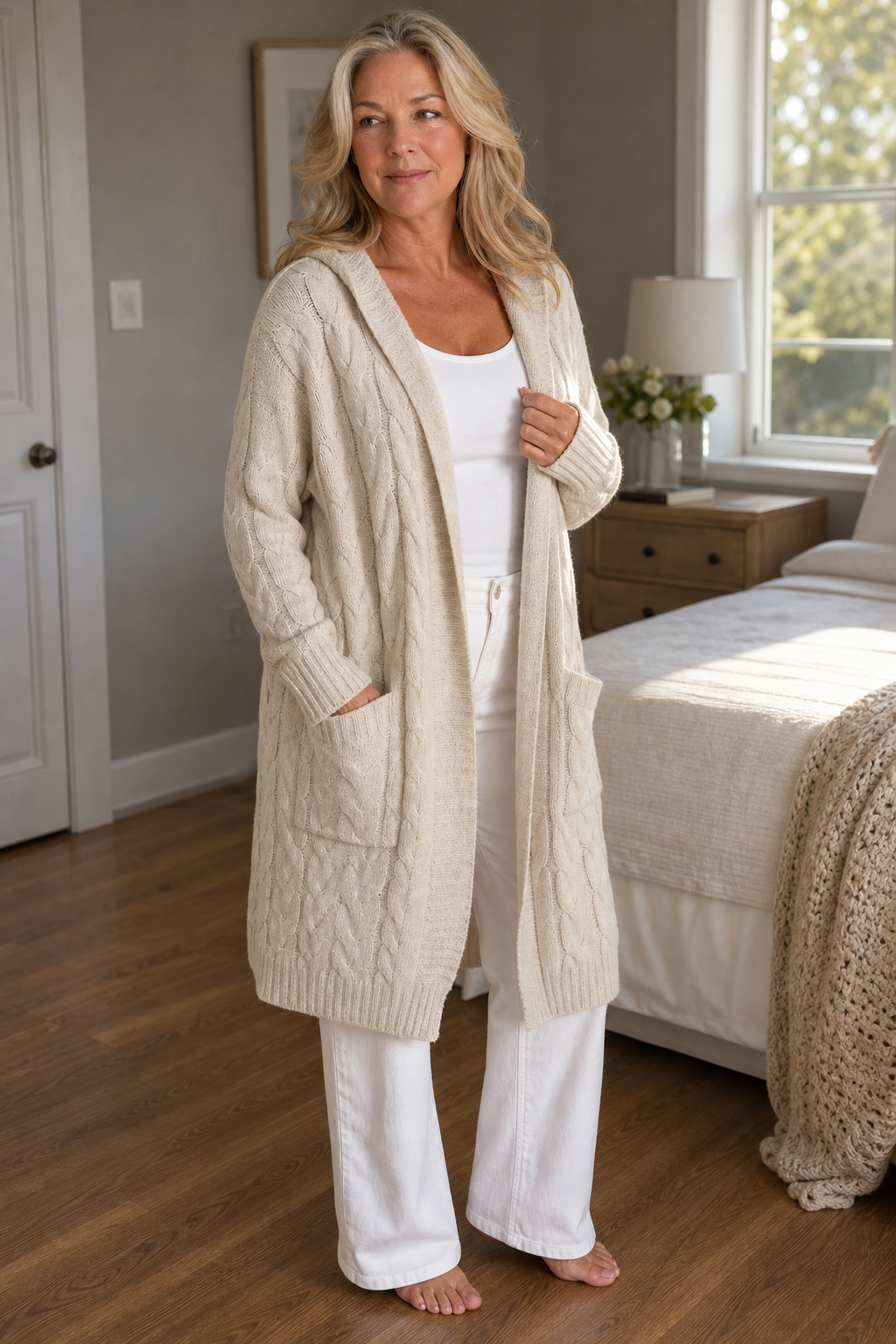 Mujer sonriendo con cárdigan de ochos y capucha, ropa cómoda y chic de otoño/invierno.