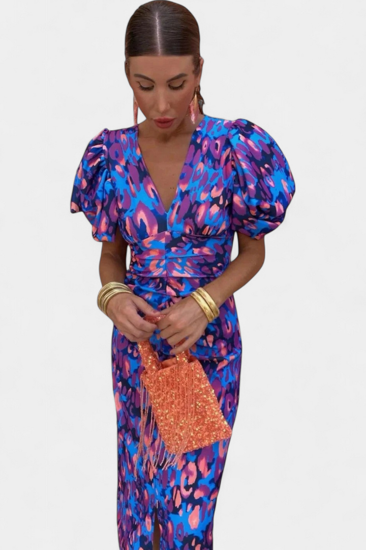 Vestido femenino con estampado único, fruncido en la cintura y mangas voluminosas, moda de cóctel.