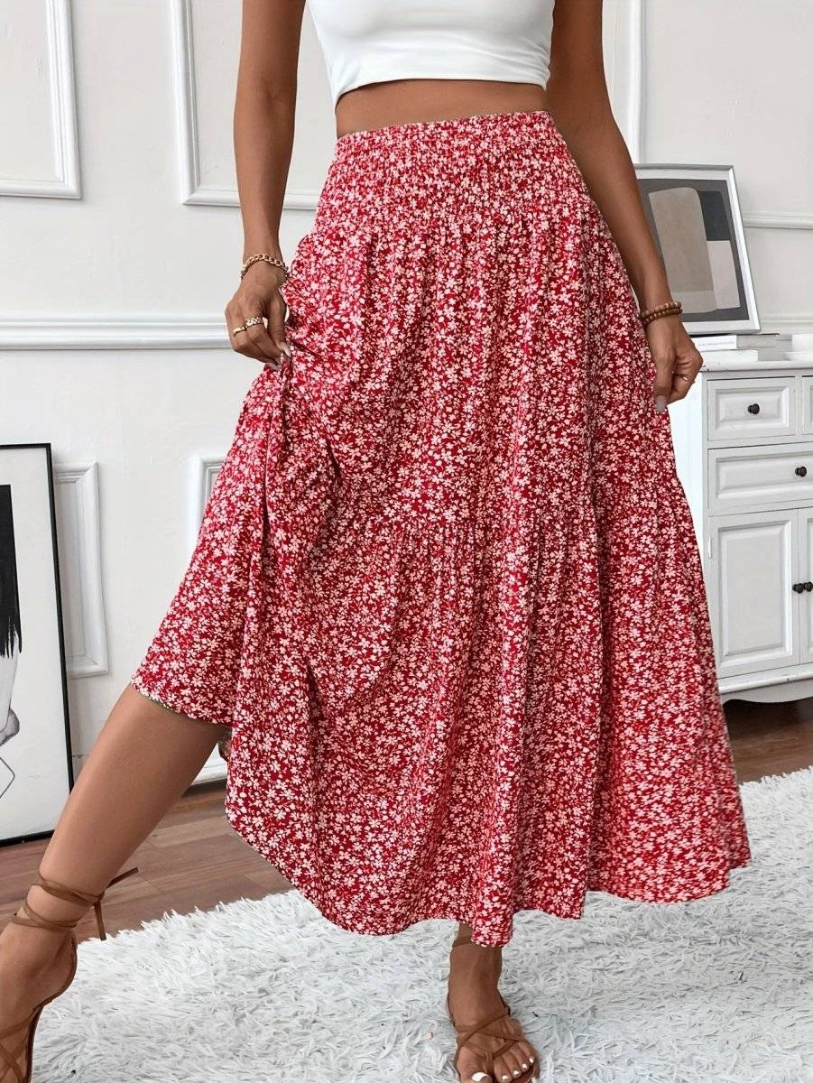 Falda estampada floral boho para mujer, larga y ligera, perfecta para paseos de verano o playa.