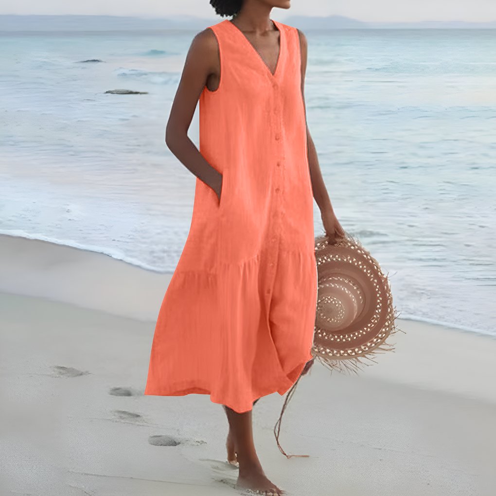 Vestido midi A-line bohemio de verano para mujer, sin mangas y con falda de vuelo, ideal para ropa casual.