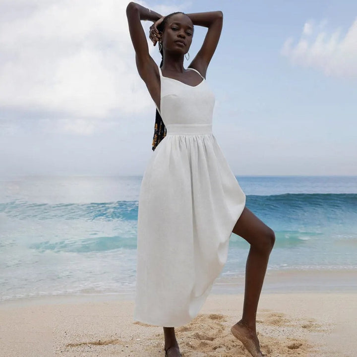 Vestido casual de verano para mujer, largo, sin mangas, con espalda abierta. Perfecto para playa, fresco y cómodo.