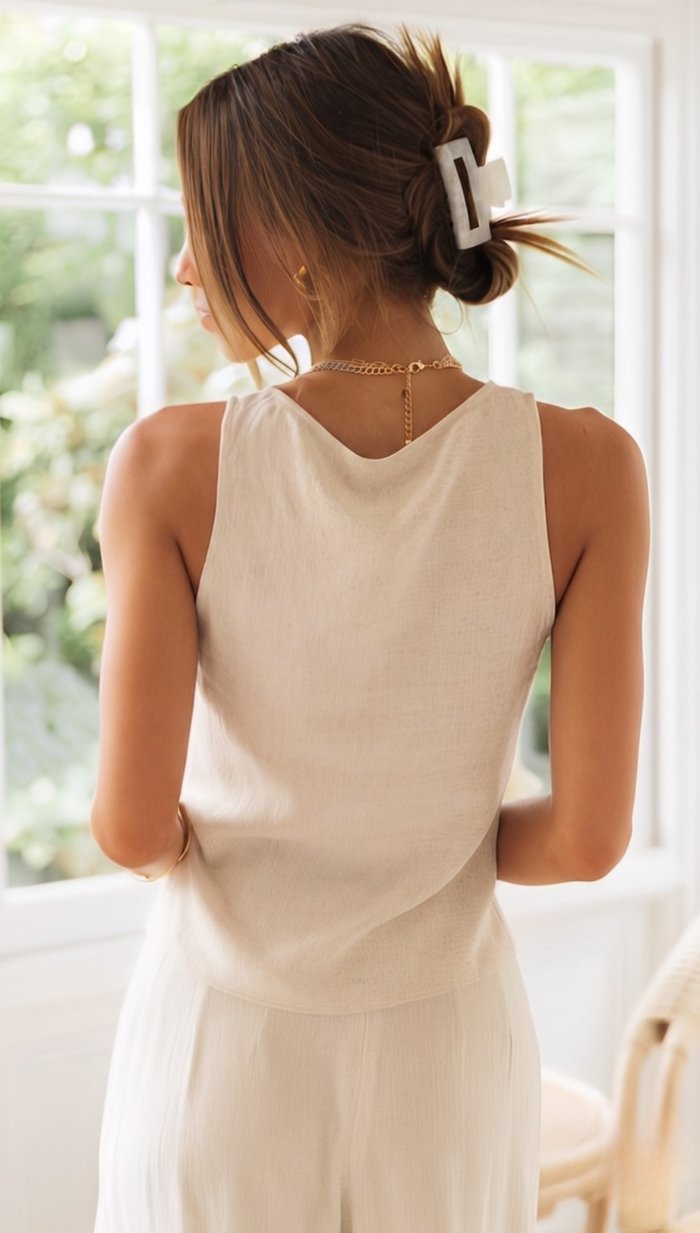 Conjunto dos piezas Olivia de mujer, top escote V y pantalón ancho, perfecto para moda de verano y elegancia cómoda.