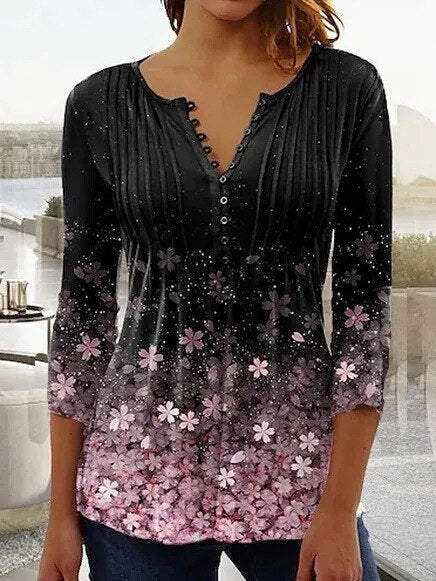 Blusa de verano floral para mujer, con cuello Henley y un toque elegante.