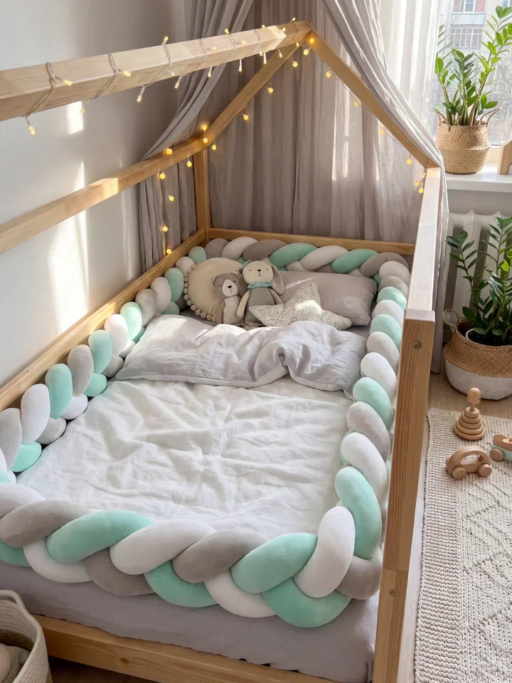 Trenzado y acolchado: Protector de cuna para la seguridad del bebé. Decoración guardería moderna.