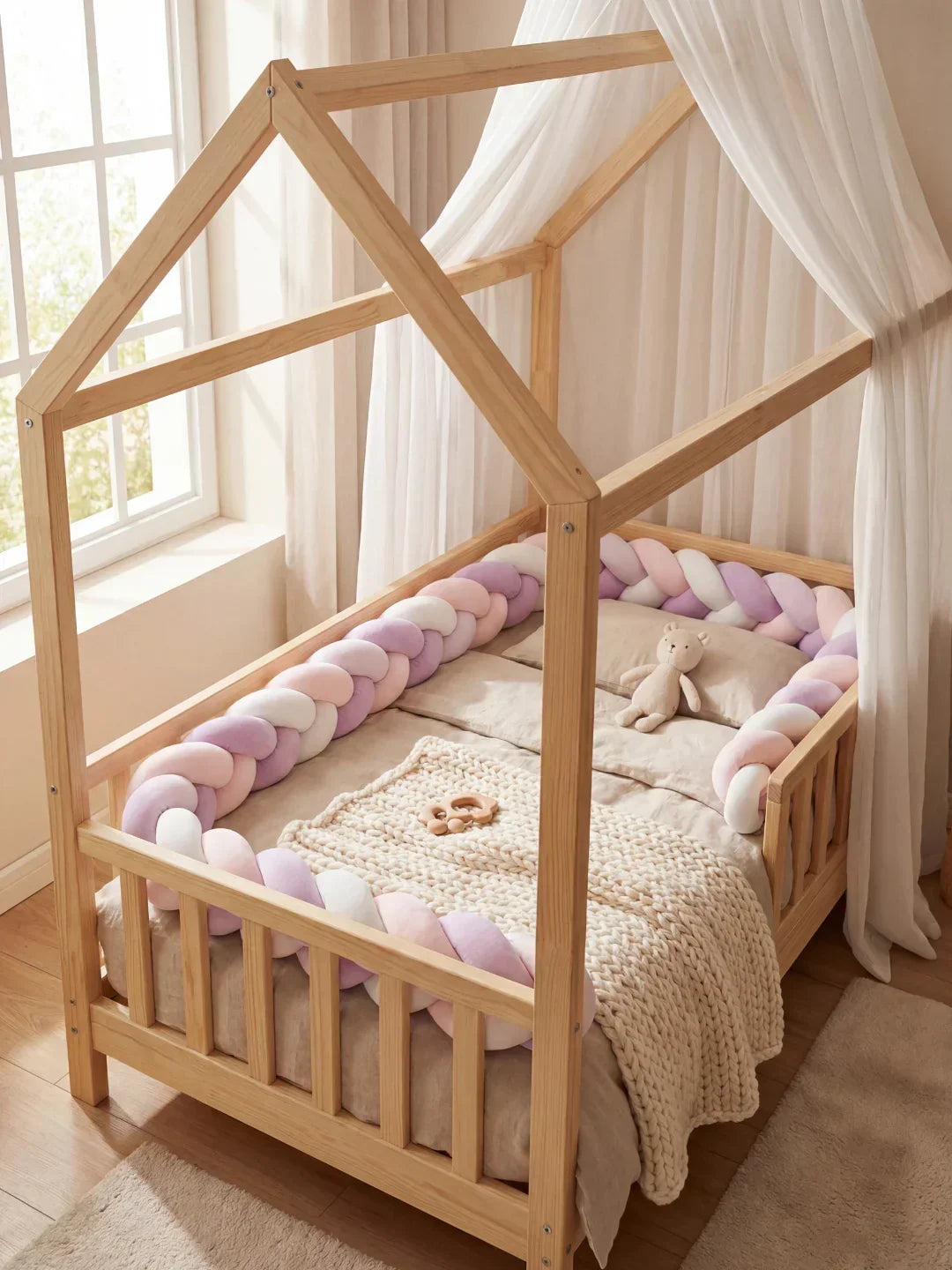 Acolchado suave para el borde de cuna. Protector trenzado infantil, ideal para el bienestar del bebé.