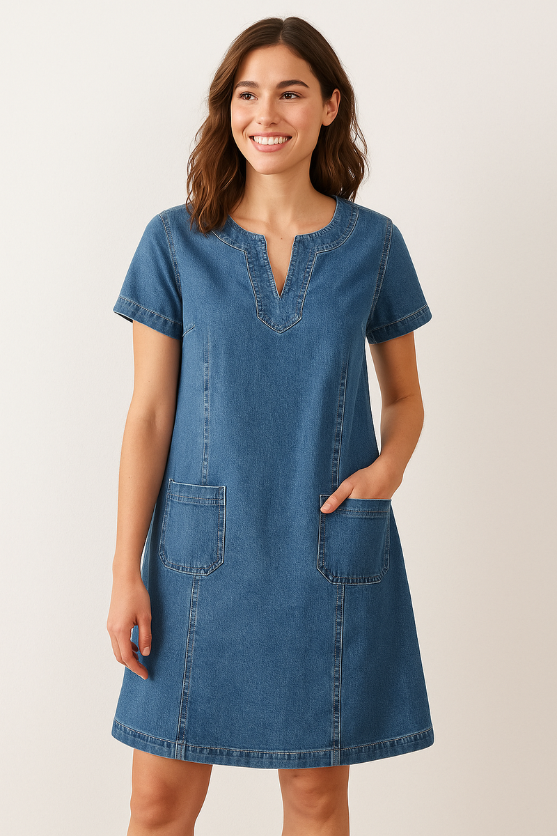 Vestido denim suave mujer, estilo casual elegante, escote V, bolsillos. Comodidad moderna para primavera.