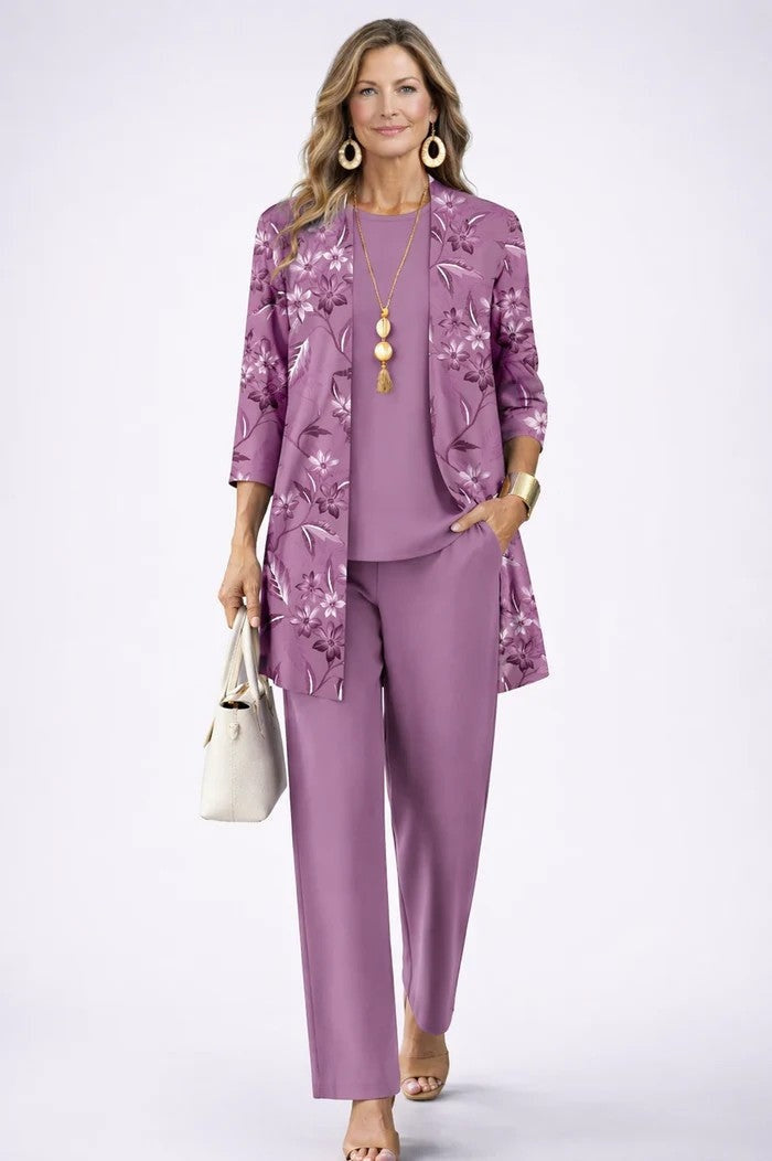 Conjunto de verano para mujer: 3 piezas tropicales con blusa, pantalón ancho y abrigo a juego.