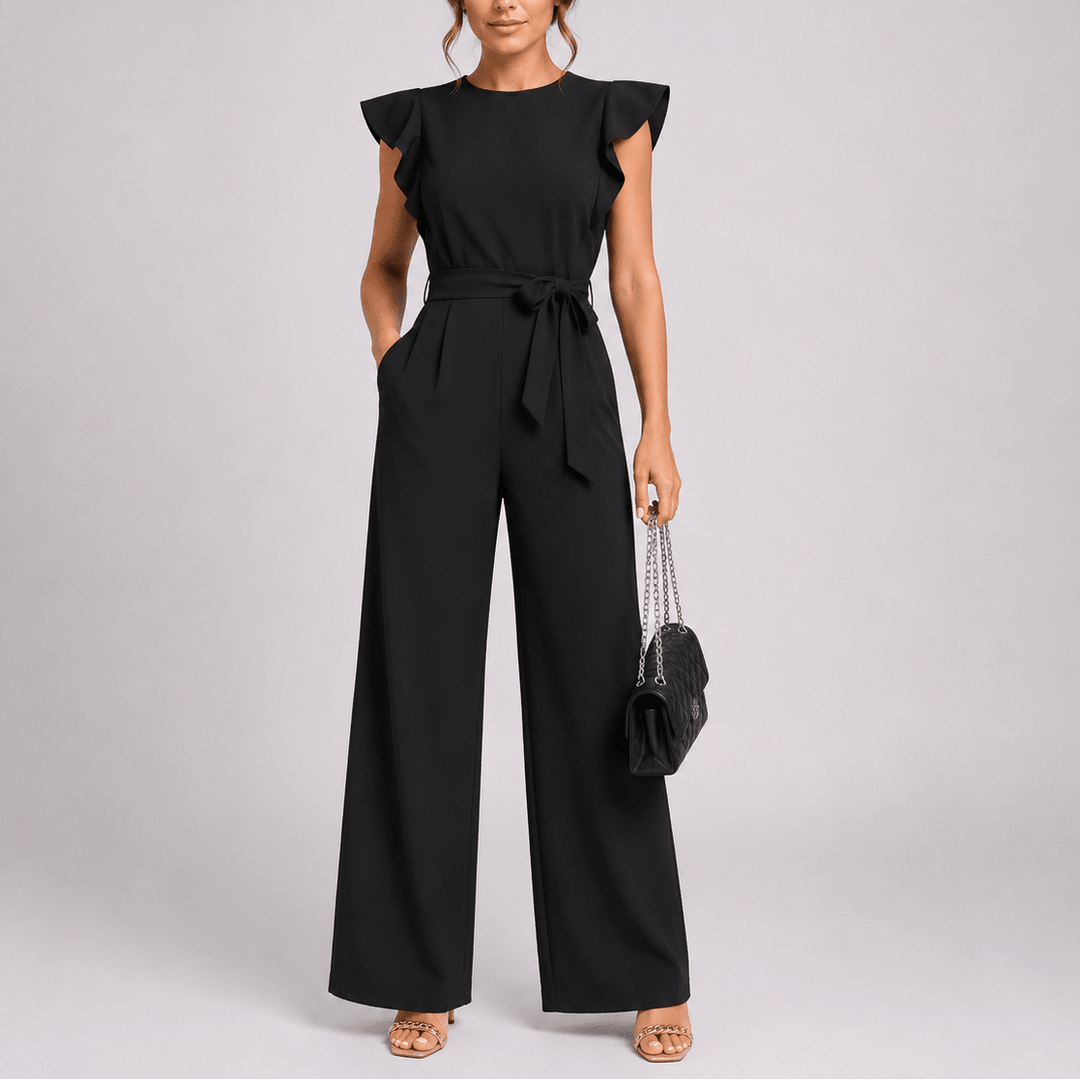 Mono elegante sin mangas para mujer, diseño de pierna ancha y lazada en la cintura, ideal para eventos.
