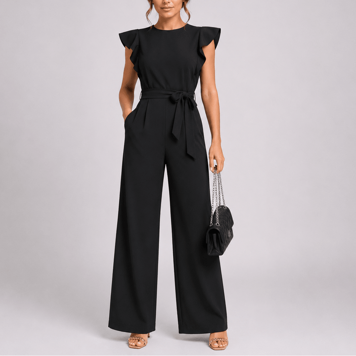 Mono elegante sin mangas para mujer, diseño de pierna ancha y lazada en la cintura, ideal para eventos.