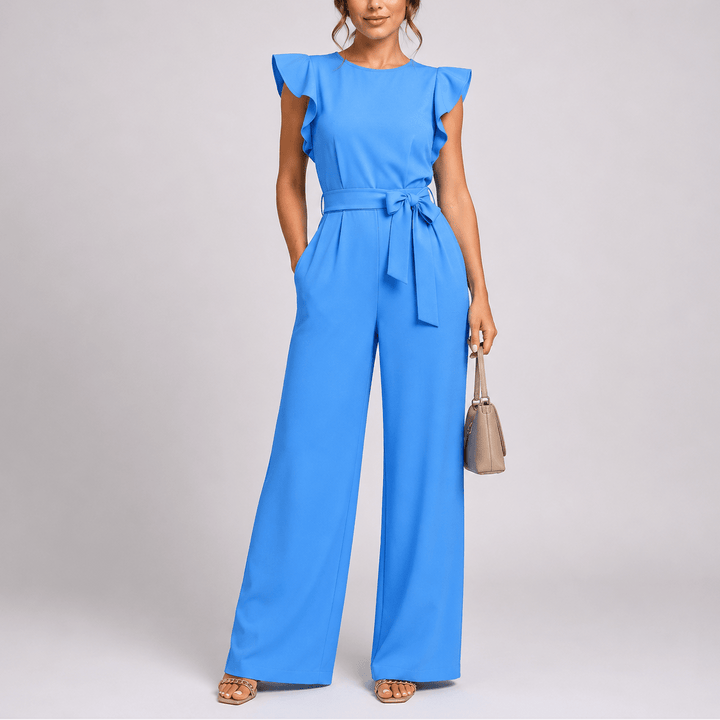 Enterizo chic de mujer, mono ancho sin mangas con lazada en cintura, perfecto para fiesta o verano.