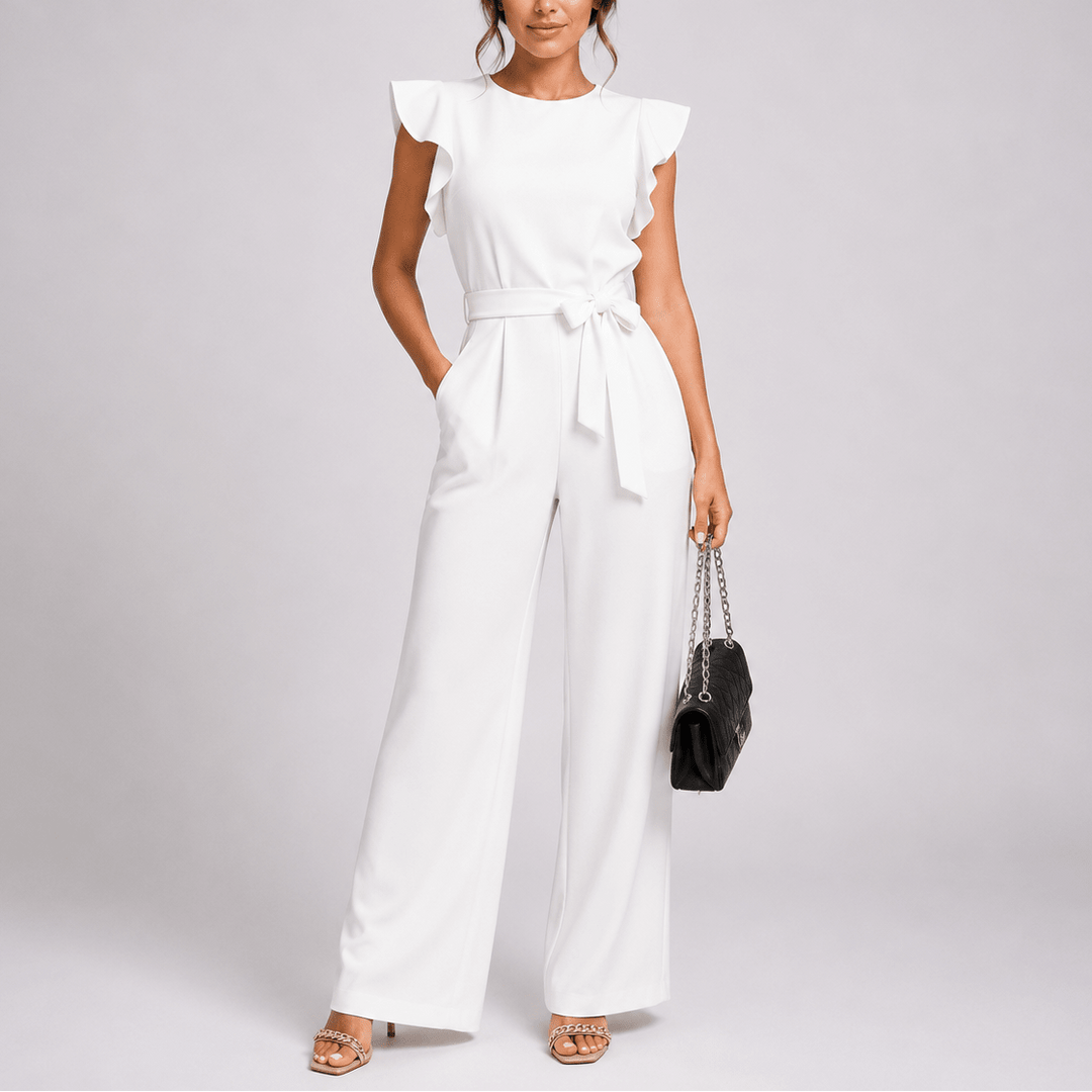 Jumpsuit casual de mujer, mono ancho cómodo sin mangas con detalle de cintura anudada, outfit versátil.