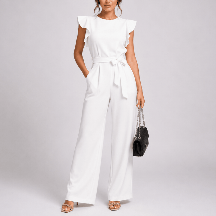 Jumpsuit casual de mujer, mono ancho cómodo sin mangas con detalle de cintura anudada, outfit versátil.