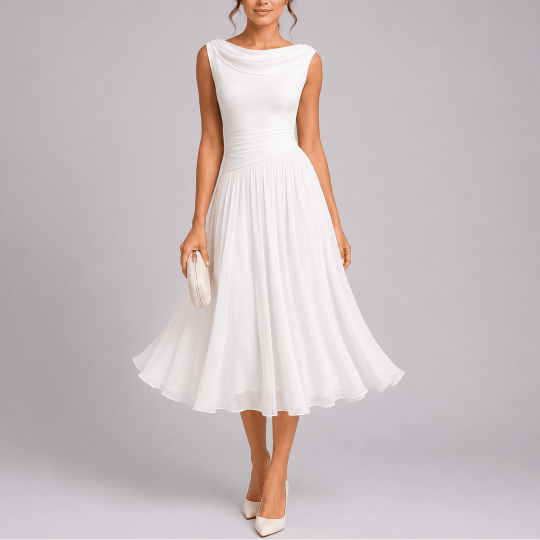 Mujer luciendo vestido midi plisado, cuello drapeado, elegante para fiesta. Tela de poliéster, estilo moderno.