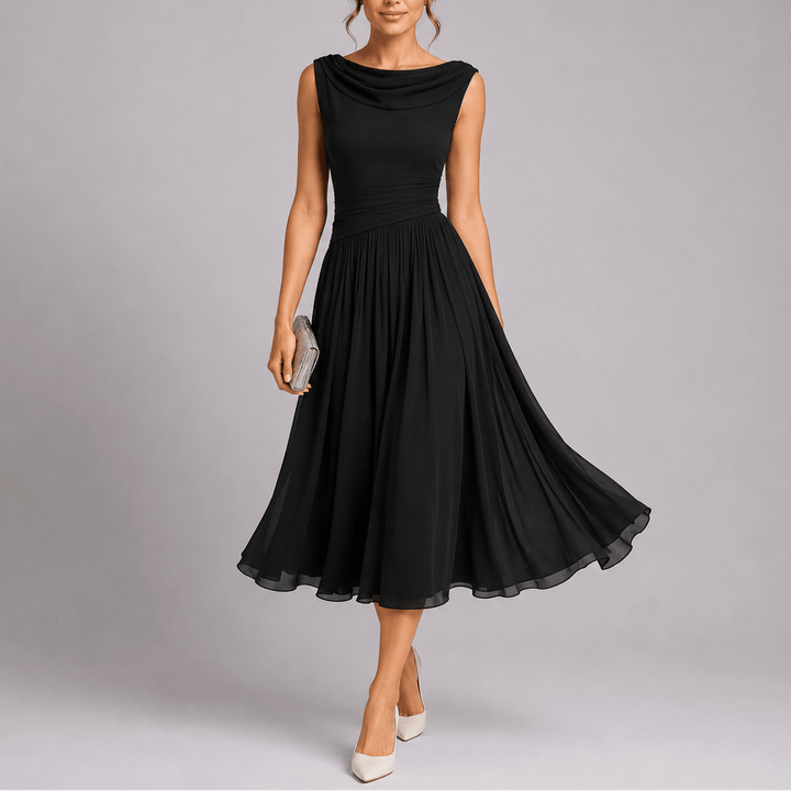 Elegante vestido midi plisado con cuello drapeado, ideal para bodas, fiestas formales y eventos de gala de mujer.