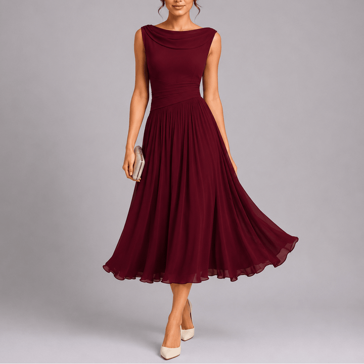 Vestido de fiesta midi plisado para mujer, diseño sofisticado con cuello drapeado. Moda formal y elegante.