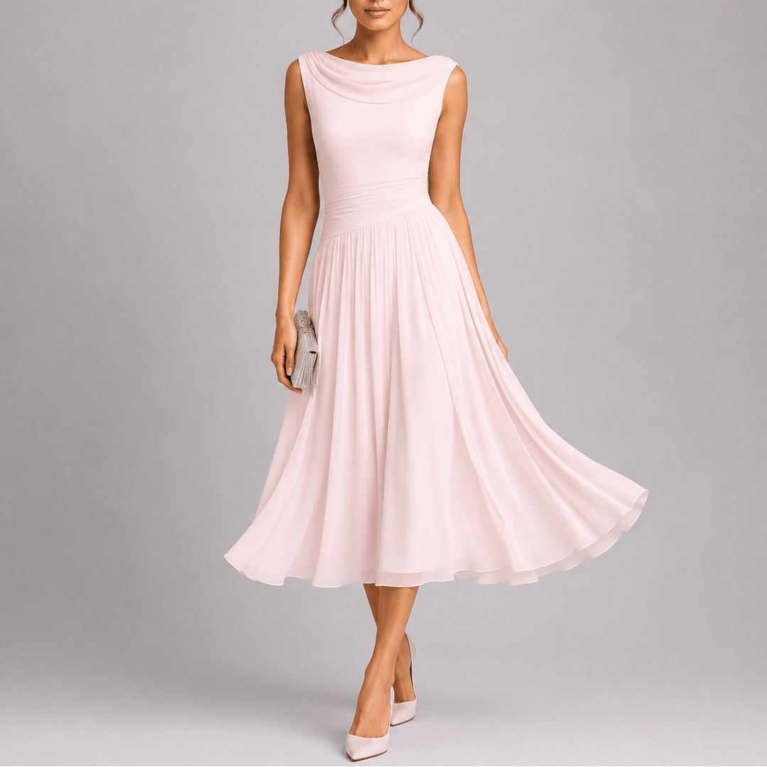 Vestido midi plisado fluido y cómodo para mujer, con elegante cuello drapeado. Ideal para ocasiones especiales.