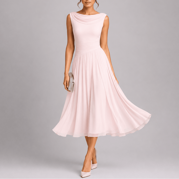 Vestido midi plisado fluido y cómodo para mujer, con elegante cuello drapeado. Ideal para ocasiones especiales.