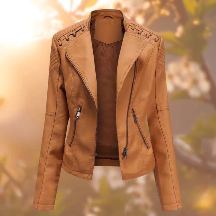 Chaqueta corta ajustada femenina de cuero sintético, diseño elegante y chic para destacar en otoño e invierno.