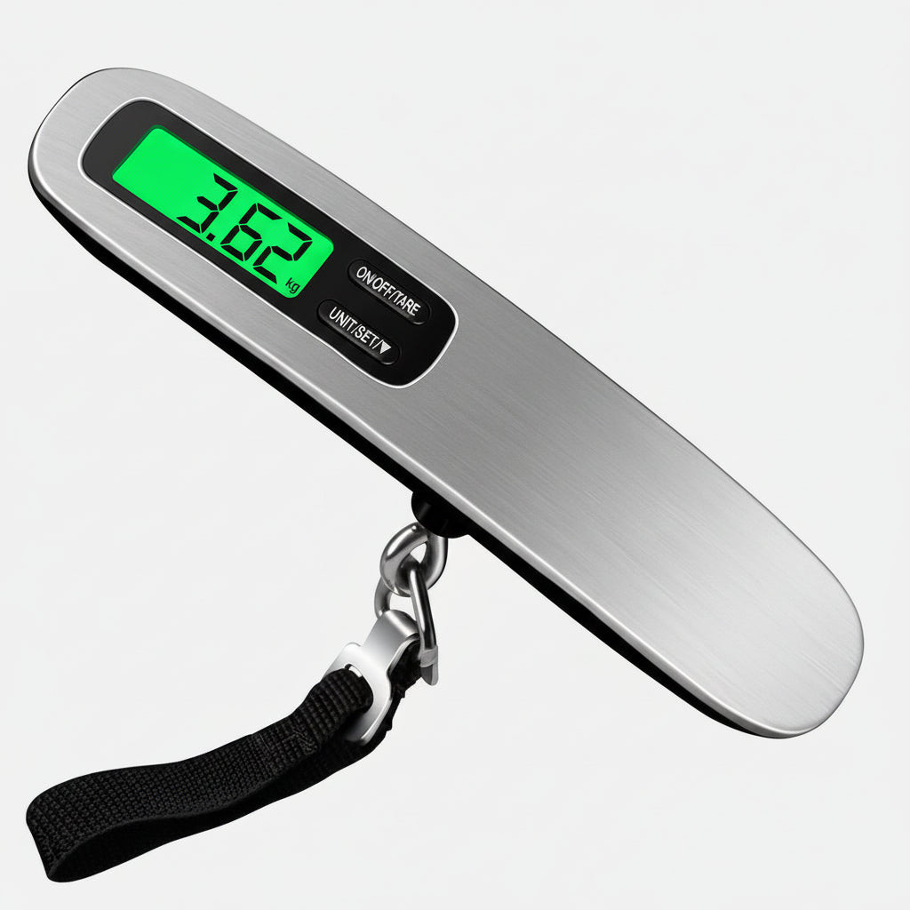 Balanza digital portátil para equipaje de viaje con pantalla LCD. Pesa maletas con facilidad.