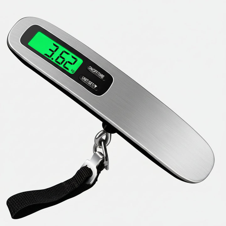 Balanza digital portátil para equipaje de viaje con pantalla LCD. Pesa maletas con facilidad.
