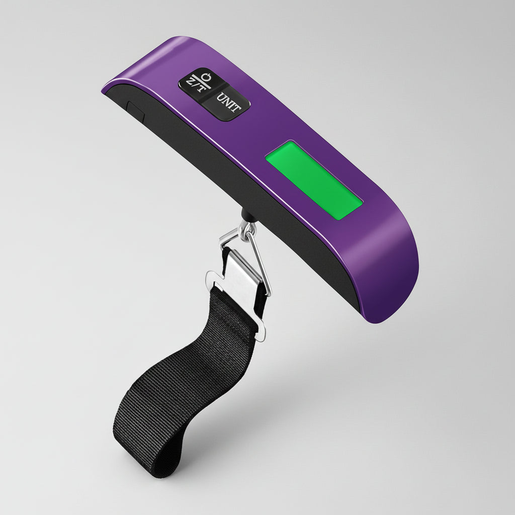 Balanza de viaje digital compacta y ergonómica, facilita el pesaje de maletas y accesorios de viaje.
