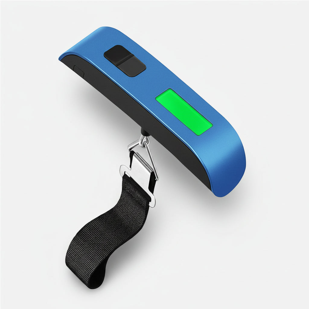 Báscula digital con pantalla retroiluminada para pesar maletas y bultos con precisión antes de viajar.