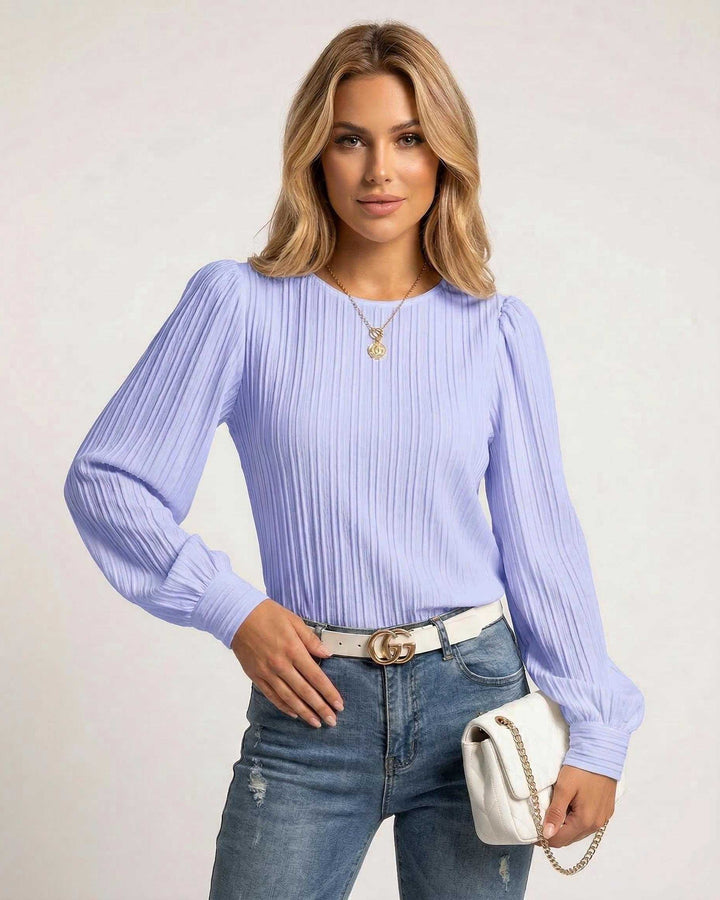 Blusa Luna lavanda plisada para mujer, manga larga. Elegante top de primavera/verano.