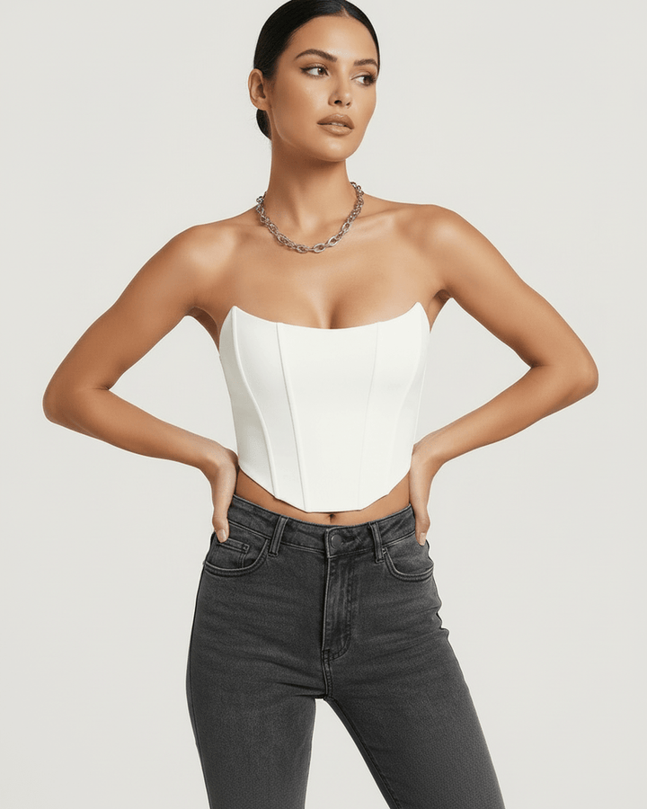 Elegante top corsé de mujer con diseño moderno y estructurado, perfecto para un look sofisticado.