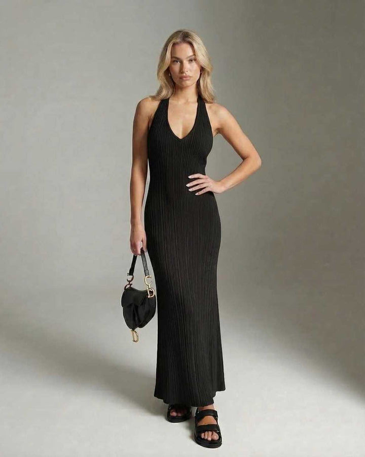Moda mujer: Vestido maxi negro acanalado elegante, sin mangas, escote V. Ideal para fiestas y ocasiones formales.