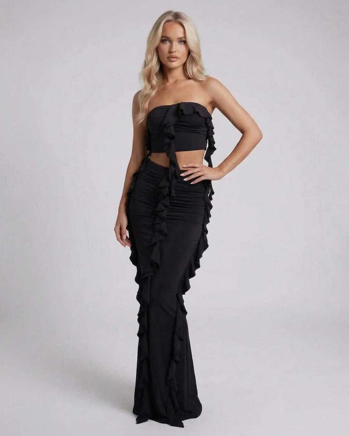 Vestido maxi negro sin mangas para mujer, elegante, con volantes. Moda ideal para noche y fiesta.