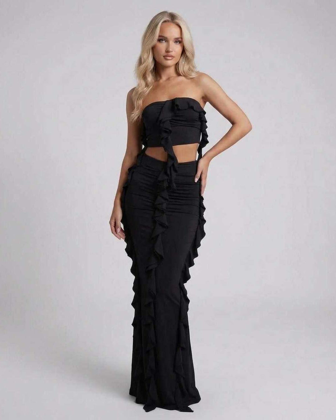 Vestido de noche negro maxi para mujer, elegante y con volantes, moda femenina para fiesta especial.