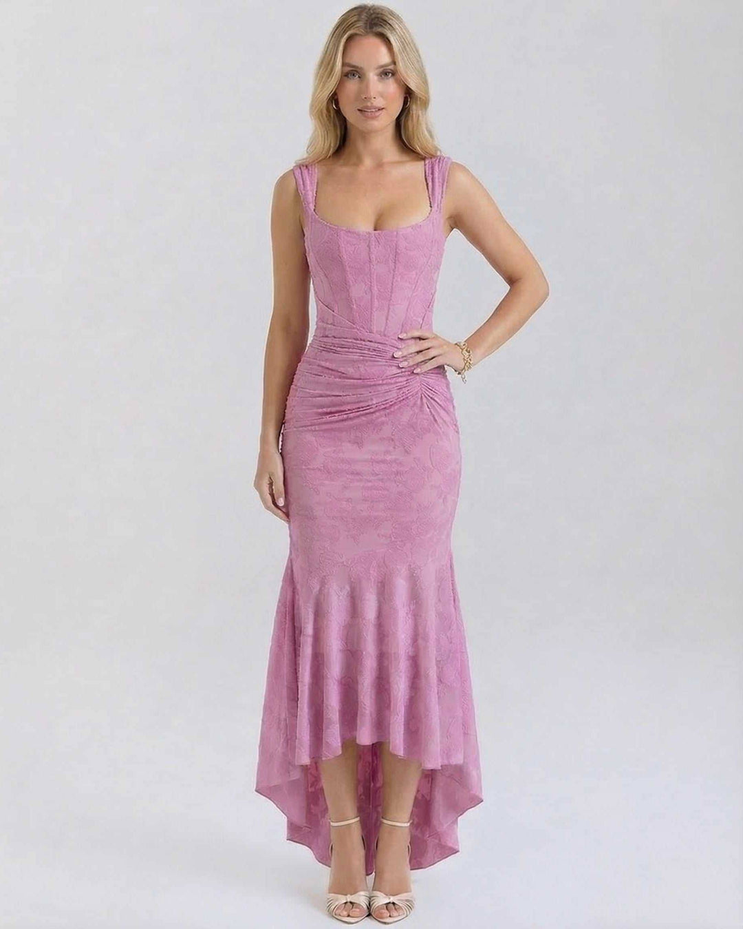 Vestido de fiesta maxi para mujer, elegante, blanco con estampado floral, cuello cuadrado y cola de pez.