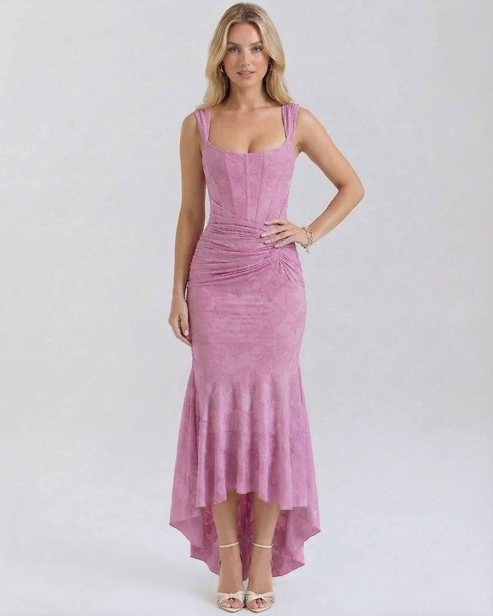 Vestido de fiesta maxi para mujer, elegante, blanco con estampado floral, cuello cuadrado y cola de pez.