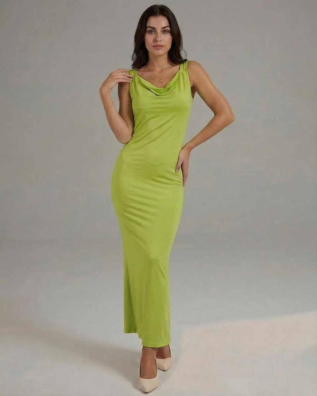 Vestido maxi verde lima elegante para mujer, ideal para fiestas de verano y eventos especiales.
