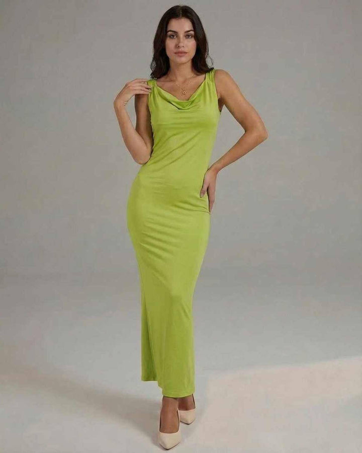Vestido maxi verde lima elegante para mujer, ideal para fiestas de verano y eventos especiales.