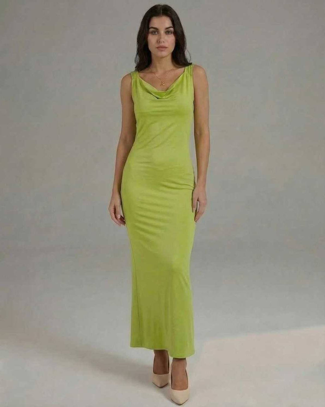 Vestido maxi de fiesta para mujer en verde lima, estilo glamuroso y silueta fluida para verano.