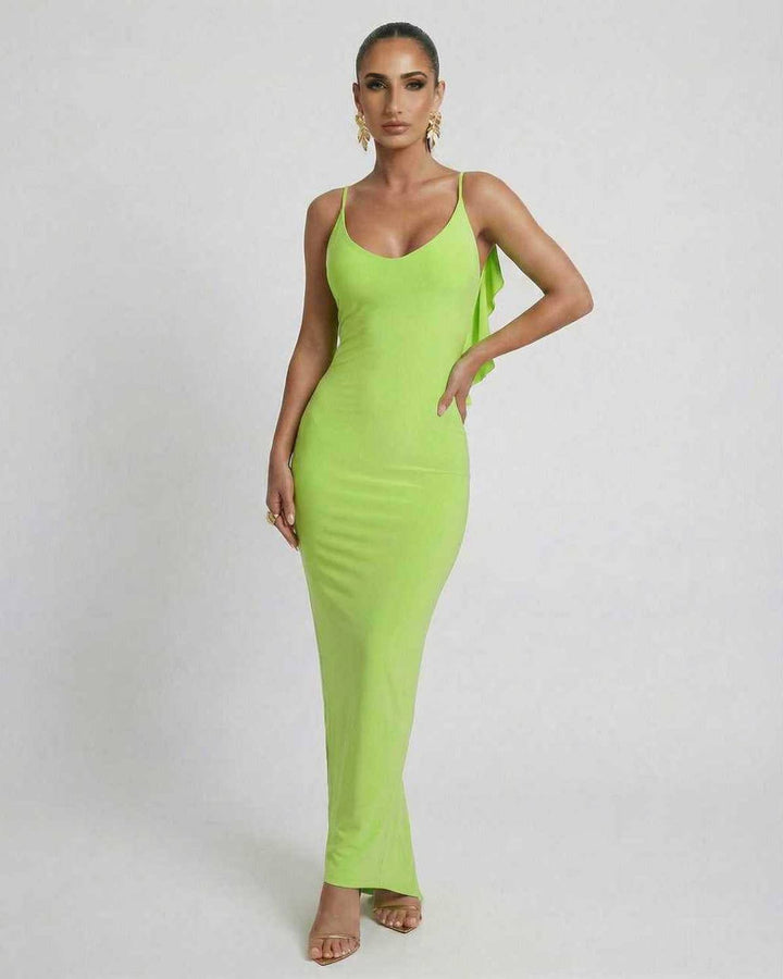Vestido maxi verde lima para mujer, sin mangas, con volantes y espalda descubierta. Elegante, de verano.