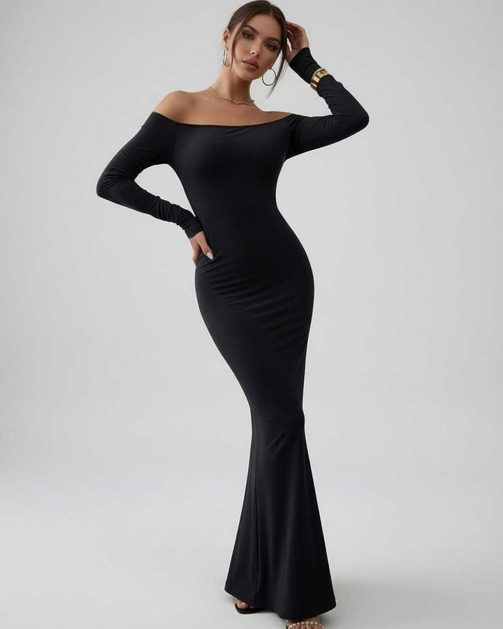 Vestido de fiesta maxi negro para mujer, con elegante escote off-shoulder y manga larga. Perfecto para la noche.