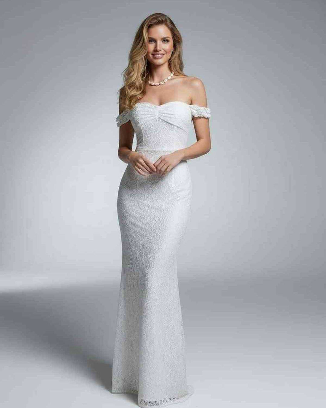 Vestido maxi elegante de noche para mujer, hombros descubiertos. Ideal para fiestas y eventos formales de verano.