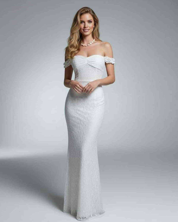 Vestido maxi blanco fluido y elegante para mujer, hombros descubiertos. Perfecto para cualquier celebración formal.