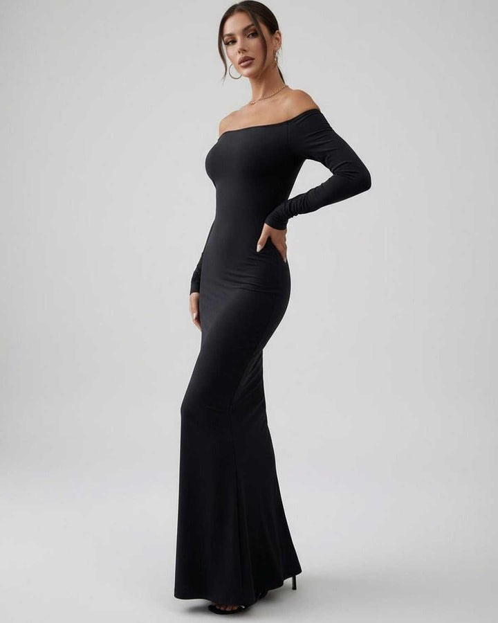 Vestido maxi Luna negro elegante, con diseño off-shoulder para mujer. Ideal para fiesta y ocasiones formales.